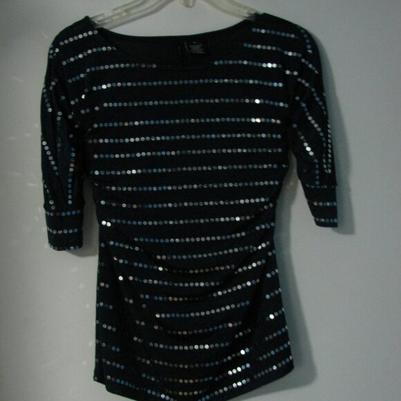 new directions Tops - ND New Directions Blouse Small Blue with Sequins Bling Rouching Gathers